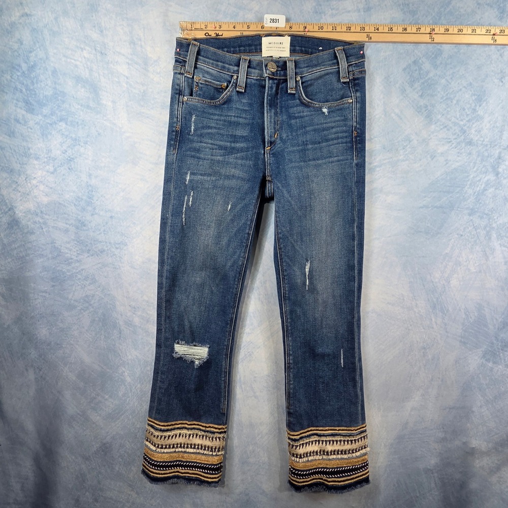 McGuire Denim Embroidered Cuff Distressed Straight Leg Jeans Blue 24